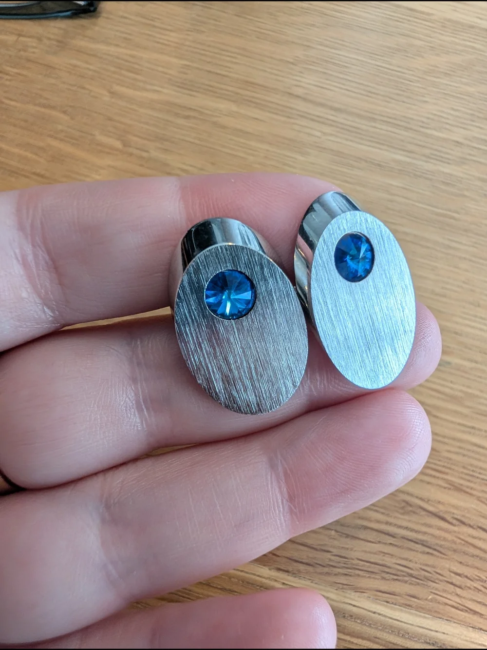 Vintage Brushed Silver Oval Cufflinks with Blue Crystal Accent By Sarah Coventry